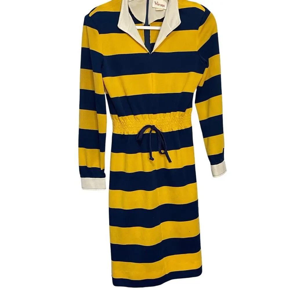 Verona Long Sleeve Knee Length Dress Women's 10 Yellow Blue Striped VTG Preppy